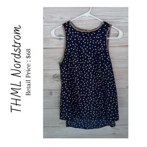 Nordstrom THML Navy & Tan Polkadot Tank Faux Leather Trim Size Small